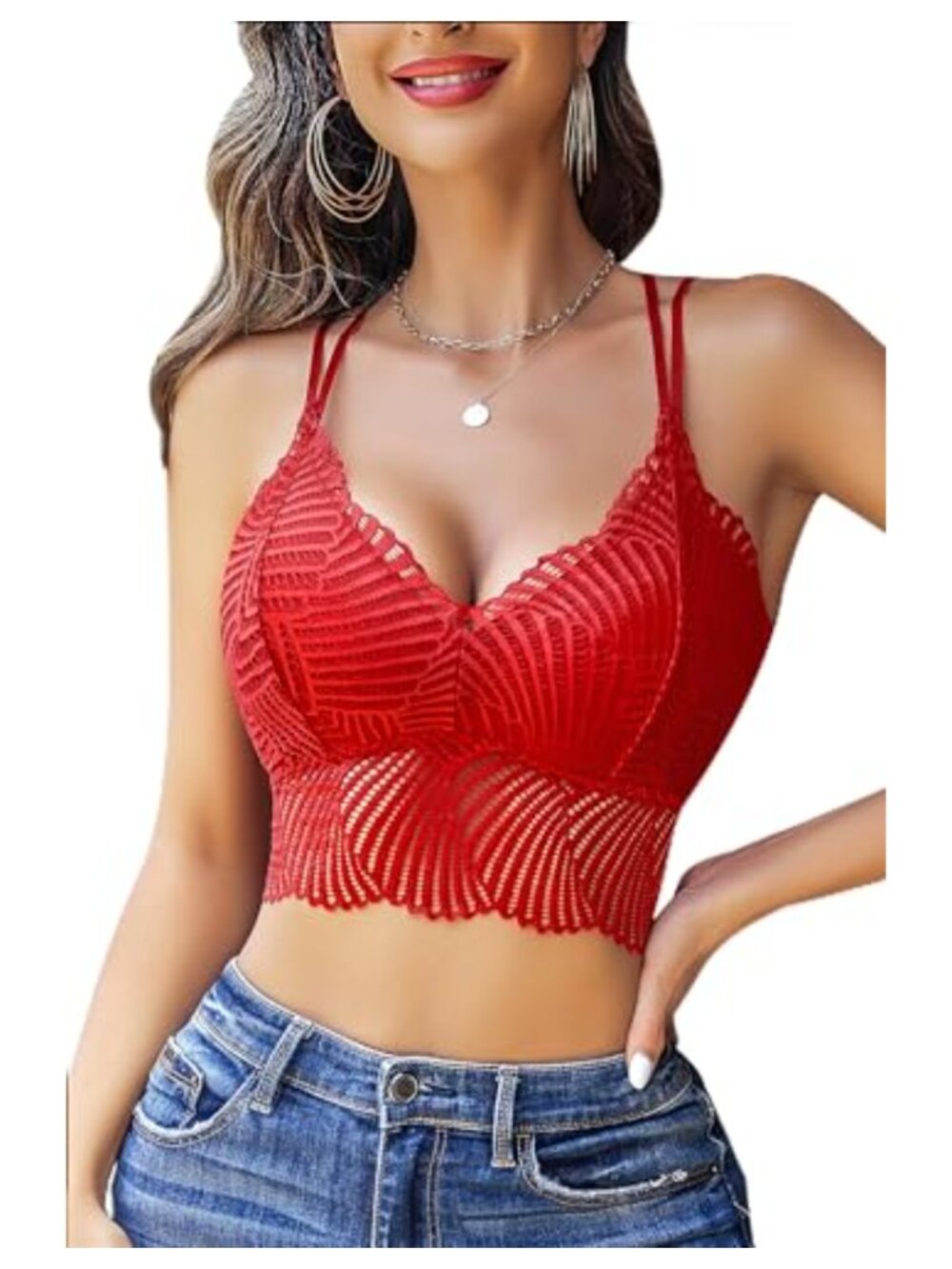 Lace Camisole Bralette Crop Top Double-Layered V-Neck Adjustable Straps